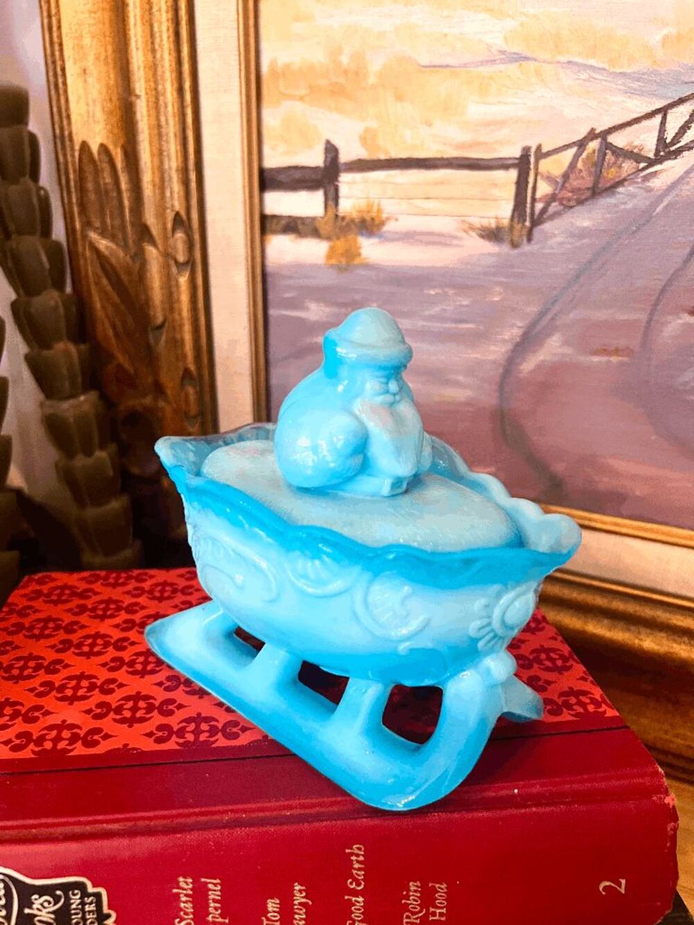 Mosser Glass Blue Slag Glass Santa Sleigh Covered Candy Dish